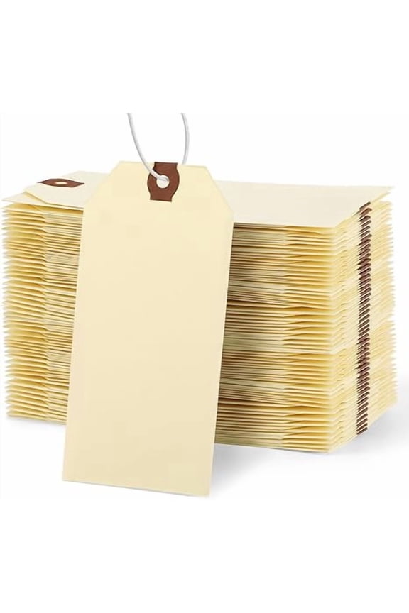 100 Pcs Manila Shipping Tags with Strings, 4 3/4" x 2 3/8". Hang Tags Come with Elastic Rubber Bands. Double Layer Reinforced Eyelets. Durable and Reusable