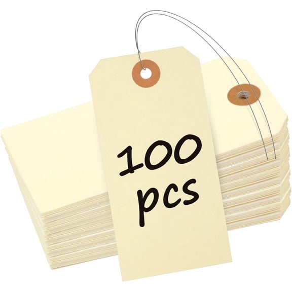 100 Pcs Manila Tags Blank Shipping Tag with Wire Attached 4.7 Inch Paper Hang Reinforced Eyelet Large Marking Writable Price Inventory Label, 4.7" x 2 3/8"