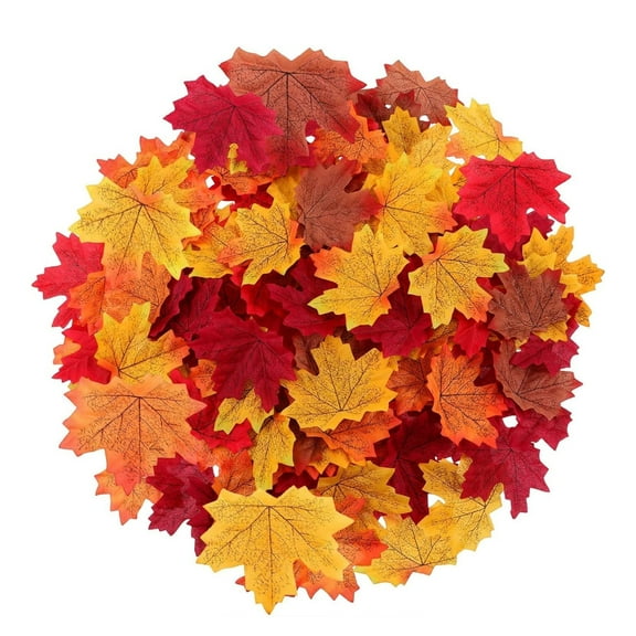 (100 Pcs) Maple Leaves Artificial Assorted Polyester Leaf Mixed Faux Fall Color Maple Leaves Decoration for Halloween Thanksgiving Wedding, Festival, Party Outdoor Decorating &CUSTOM Storage Carrier