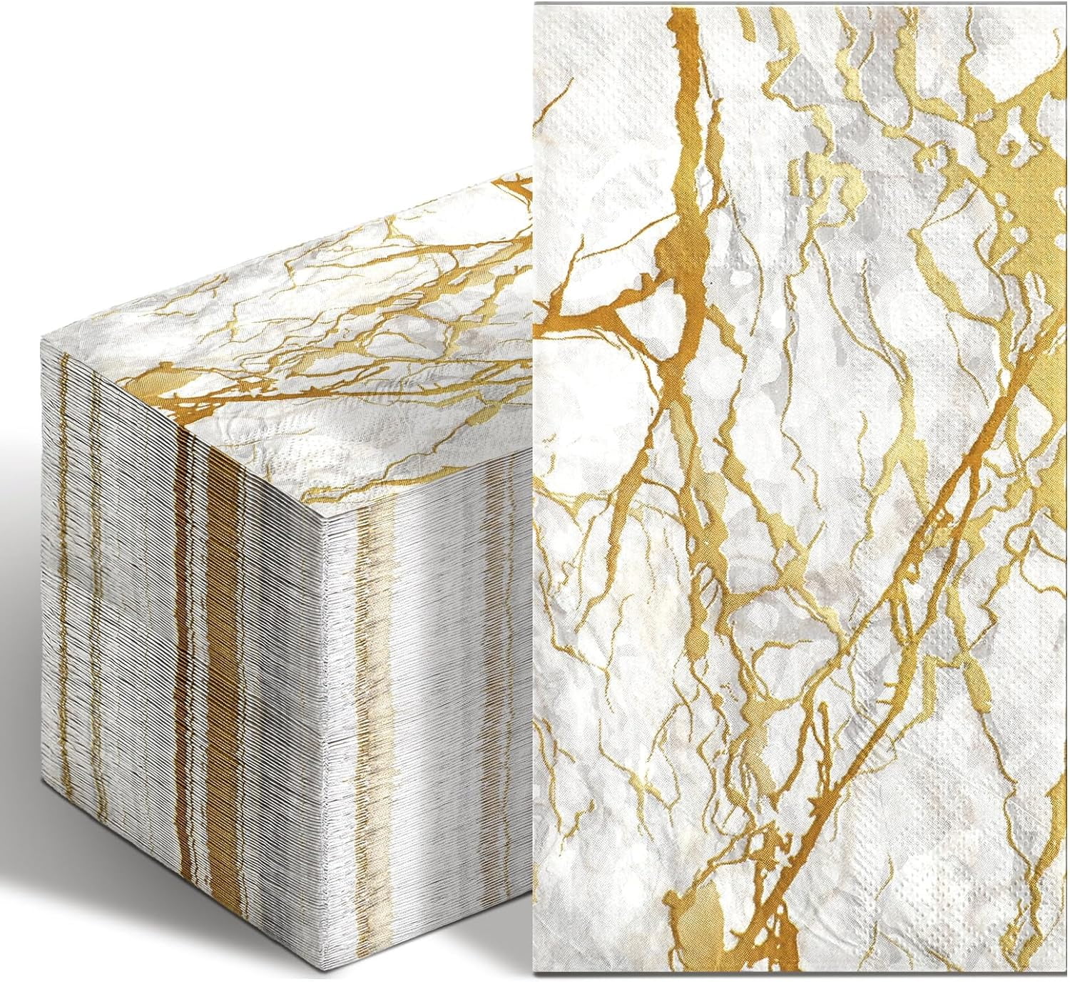 100 Pcs Marble Guest Napkins 2 Ply Disposable Guest Bathroom Paper Napkins Black Gold Marbleized Hand Towels for Home Bathroom Kitchen Table Decor (White Gold)