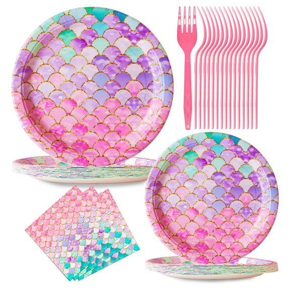 100 Pcs Mermaid Birthday Party Decorations, Mermaid Party Supplies Including Paper Plate, Napkin and Fork, Ocean Theme Party Decor Tableware Set for Birthday, Serves 20