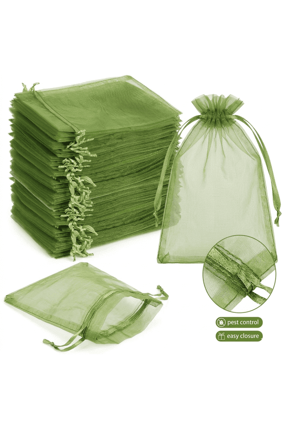 100 Pcs Mesh Bags for Fruit Protection, 4x6" Green Organza Bags with Drawstring, Small Mesh Bags for Strawberries, Blueberries, and Figs