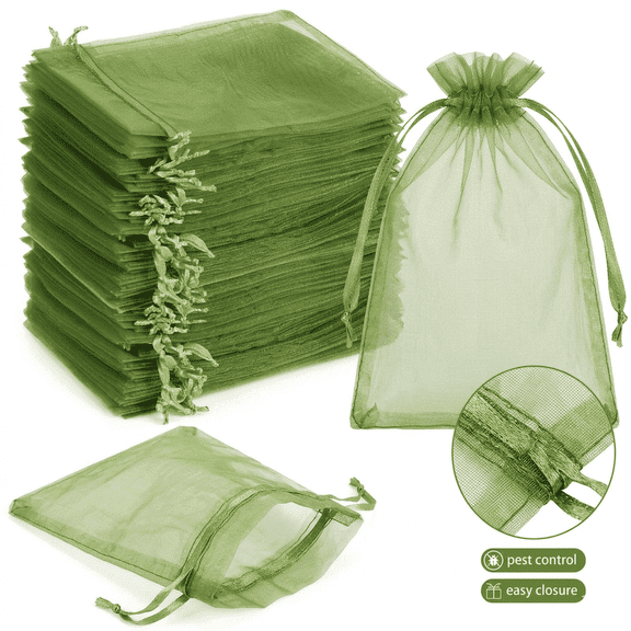 100 Pcs Mesh Bags for Fruit Protection, 4x6" Green Organza Bags with Drawstring, Small Mesh Bags for Strawberries, Blueberries, and Figs