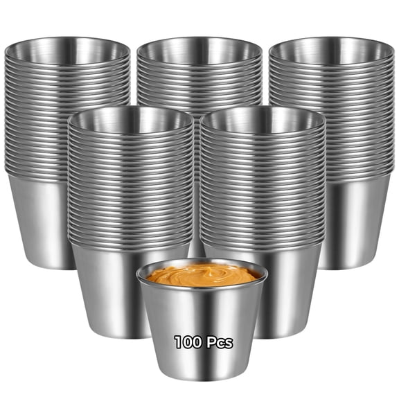 100 Pcs Metal Sauce Cups, 1.5 oz Stainless Steel Condiment Cups, Reusable Metal Ramekins, Mini Dipping Bowls, Round Individual Portion Cups for Home, Restaurant