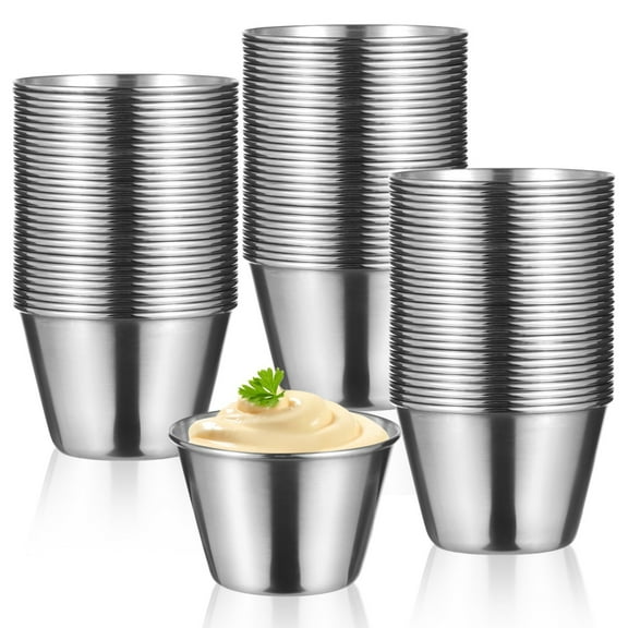 100 Pcs Metal Sauce Cups, 2.5oz Stainless Steel Condiment Cups, Reusable Metal Ramekins, Small Dipping Bowls, Round Individual Portion Cups for Home, Restaurant