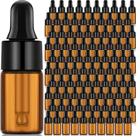 100 Pcs Mini Amber Glass Oil Dropper Bottle Bulk, Clear Essential Small Empty Sample Vial with and Caps Tiny Bottles Perfume Jars for Travel(3 ml)