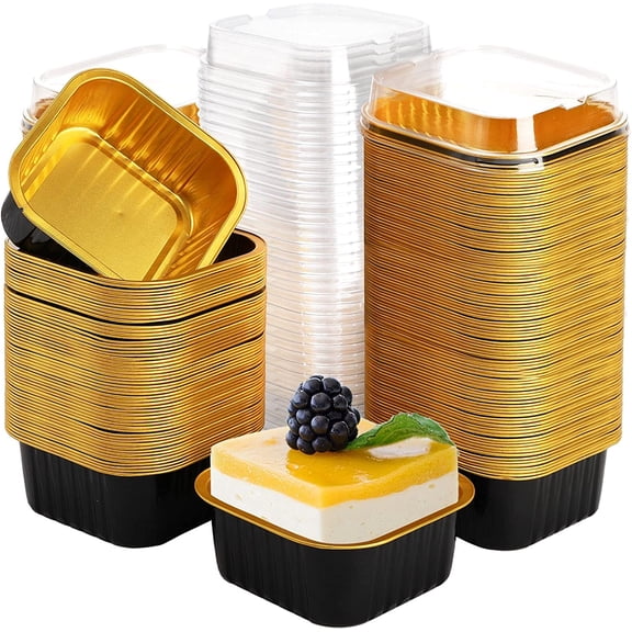 100 Pcs Mini Cake Pans with Lids, 5.7 oz Aluminum Foil Square Baking Cups, Disposable Muffin Ramekins Dessert Cupcake Cups for Mother's Day Wedding Christmas Birthday Party
