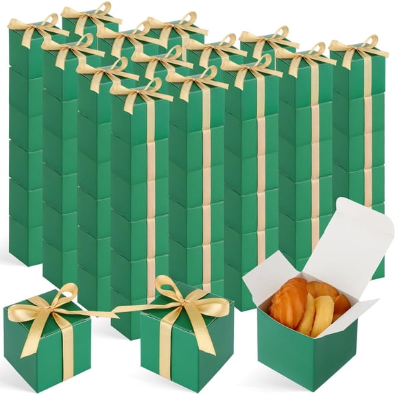 100 Pcs Mini Favor Boxes Extra Small Candy Boxes Paper with Gold Ribbon for Baby Shower Birthday Wedding Anniversary Supplies(2 x 2 x 2 Inch,Green)