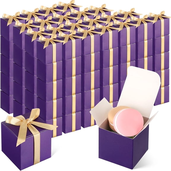 100 Pcs Mini Favor Boxes Extra Small Candy Boxes Paper with Gold Ribbon for Baby Shower Birthday Wedding Anniversary Supplies(2 x 2 x 2 Inch,Purple)