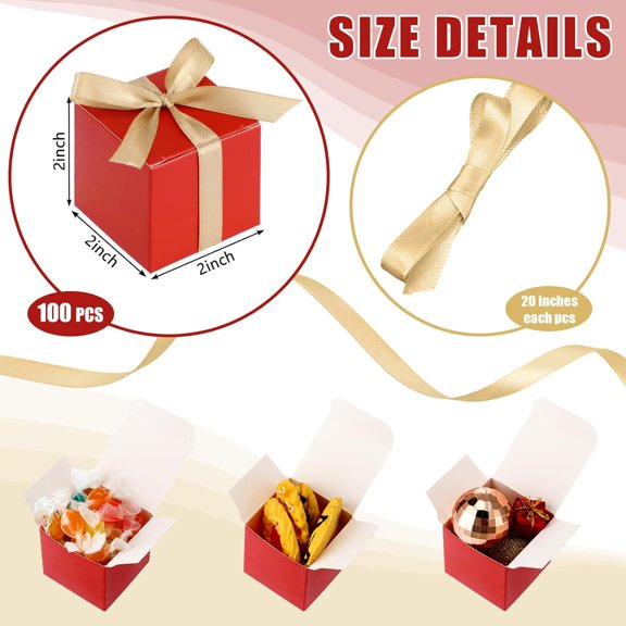 100 Pcs Mini Favor Boxes Extra Small Candy Boxes Paper with Gold Ribbon for Baby Shower Birthday Wedding Anniversary Supplies(2 x 2 x 2 Inch,Red)