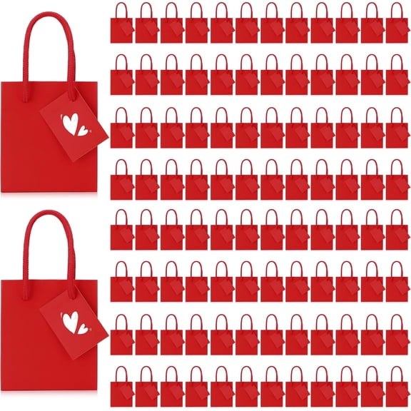 100 Pcs Mini Gift Bags Bulk, 4 x 2.75 x 4.5 in Paper Bag with Tag, Extra Small Paper Gift Boxes with Handles for Birthday, Party Favor, Wedding, Small Business, Spring Easter(Red)
