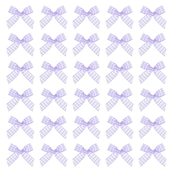 100 Pcs Mini Gingham Ribbon Bows for Craft DIY Cake Sewing Wedding Birthday Party Decoration, Lavender White