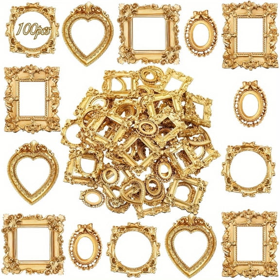 100 Pcs Mini Gold Picture Frames - Vintage Ornate Resin Frames for Crafts, Photography & Dollhouse Decor, Ideal for Jewelry, Manicure & Party Favors