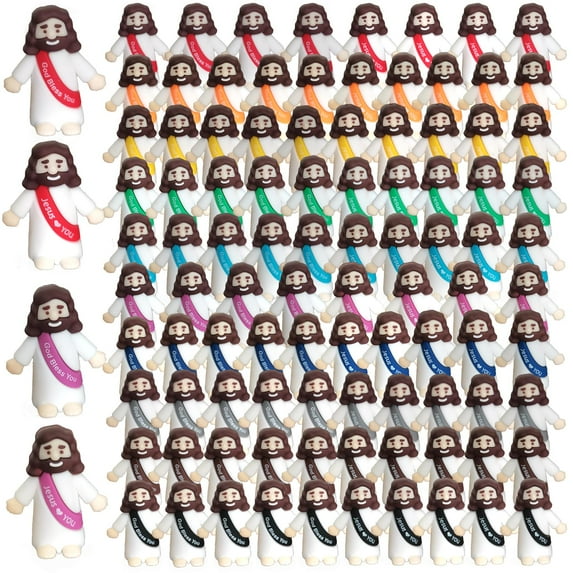 100 Pcs Mini Jesus Figurines Bulk, Little Jesus Printed with Jesus Loves You Or God Bless You Everyone Need A Little Jesus For Hide and Seek Religious Party Supplies, Sunday School Giveaways C91