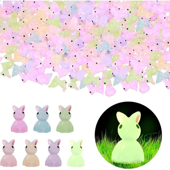 100 Pcs Mini Luminous Rabbit Luminous Mini Resin Bunny Miniature Rabbit Figurines Glow in the Dark Garden Miniature Bunny Figurines, DIY Craft Aquarium Gardening Miniatures Decor (Q)