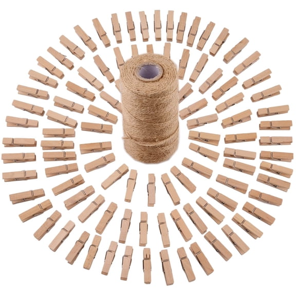 100 Pcs Mini Natural Wooden Craft Clothespins With 320 Feet Jute Twine Decorative Photo Clips Pegs For Picture Display Scrapbooking