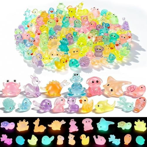 100 Pcs Mini Resin Animals Glow in The Dark Tiny Ducks to Hide, Luminous Small Animal Figurines Bulk for Aquarium Decorations, 16 Different Animals with a Storage Box, Fairy Garden Accessories