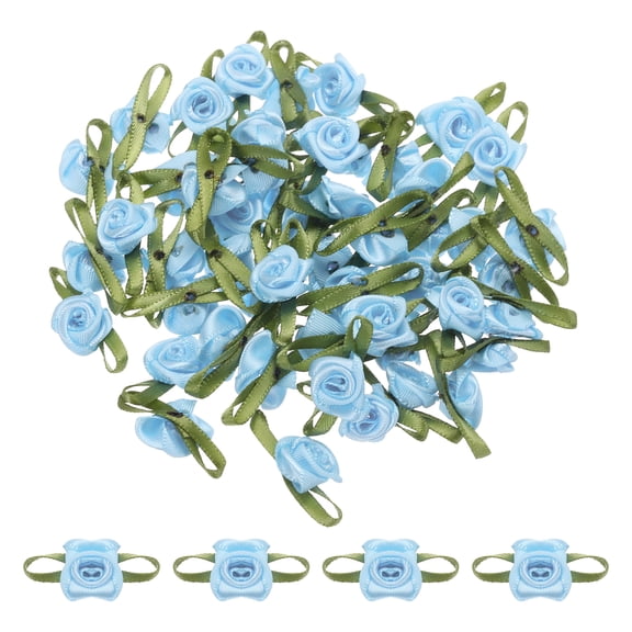 100 Pcs Mini Roses Bow 22mm Small Fabric Satin Ribbon Flower Bows Ribbon Roses for Craft Ornament Applique DIY Envelope Sewing Wedding Birthday Party, Blue
