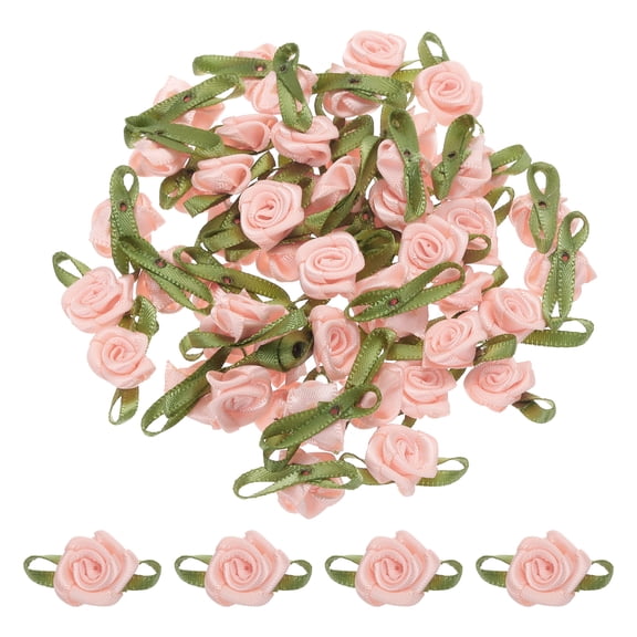 100 Pcs Mini Roses Bow 22mm Small Fabric Satin Ribbon Flower Bows Ribbon Roses for Craft Ornament Applique DIY Envelope Sewing Wedding Birthday Party, Pink