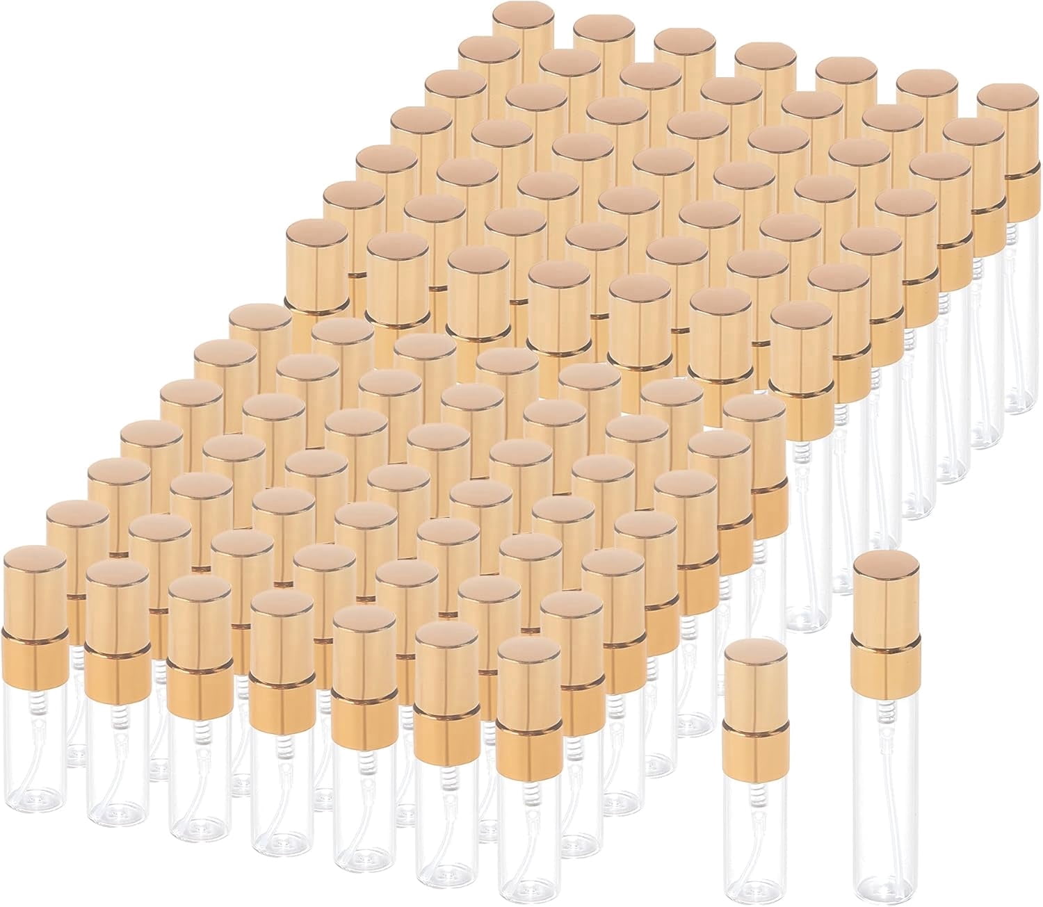 100 Pcs Mini Spray Bottles, 5 ml & 3 ml Glass Fine Mist Spray Bottles, Refillable Travel Perfume Bottle with Gold Cap, Clear Empty Portable Sample Containers for Essential Oils
