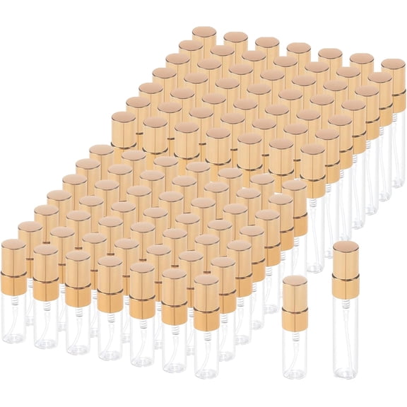 100 Pcs Mini Spray Bottles, 5 ml & 3 ml Glass Fine Mist Spray Bottles, Refillable Travel Perfume Bottle with Gold Cap, Clear Empty Portable Sample Containers for Essential Oils