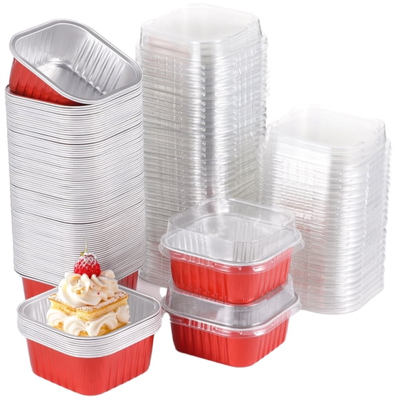 100 Pcs Mini Square Baking Cups, Aluminum Foil Cake Boxes with Lids, Disposable Ramekins Cupcake Pans, Individual Dessert Containers for Parties, Weddings, Birthdays, Red