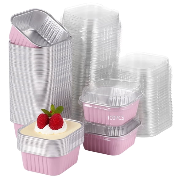 100 Pcs Mini Square Baking Cups, Aluminum Foil Cake Boxes with Lids, Disposable Ramekins Cupcake Pans, Individual Dessert Containers for Parties, Weddings, Birthdays, Pink