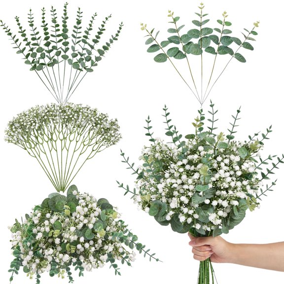 100 Pcs Mixed Artificial Eucalyptus Stems Flowers Bulk with Faux Eucalyptus Leaves Greenery Stems for Wedding DIY Bouquets Floral Arrangement Home Decor