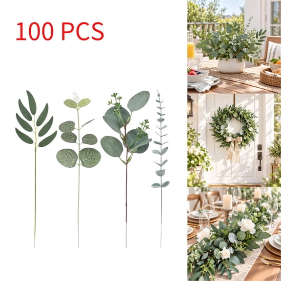 100 Pcs Mixed Artificial Eucalyptus Stems Leaves Bulk, 4 Kinds Faux Greenery Silver Dollar Dried Flowers Plant Leaves for Wedding Decor Centerpieces Vase Bouquet Floral Arrangements