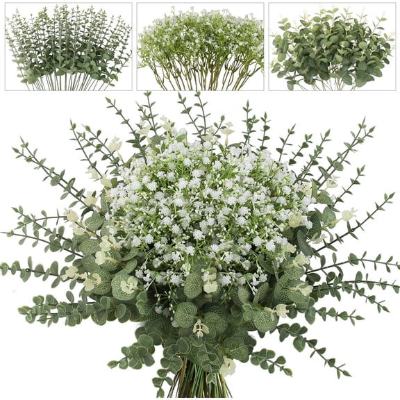 100 Pcs Mixed Greenery Artificial Euc Stems, Baby Breath Artificial Flowers Bulk and Euc Leaves for Wedding Bouquets Home Office Floral Decor (100, Green and White)