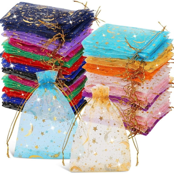 100 Pcs Moon Star Organza Bags, 4 x 6 Inch Sheer Jewelry Holder Small Size Gift Holder Drawstring Mesh Bags Assorted Colors Candy Wrap Accessories Bulk for Christmas Birthday Wedding