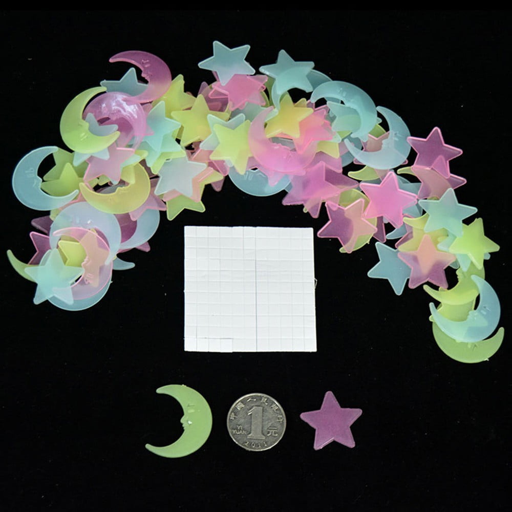 100 Pcs Moons Stars Glow in the Dark Home Room Decals Kids Bedroom Decoration