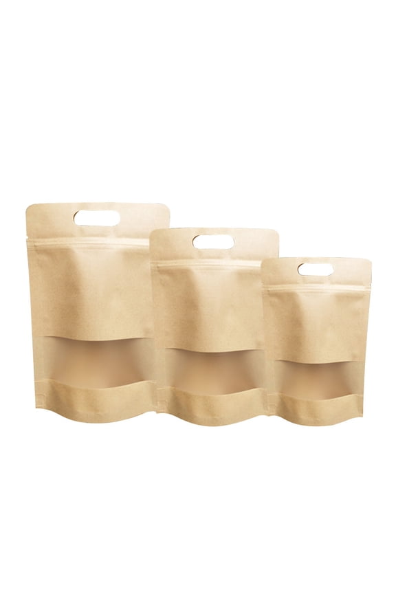 100 Pcs Muka Kraft Stand Up Pouch Bags w/ Matte Window, 7"W x 10.8"H x 2.4"D, 7 mil, FDA Compliant Waterproof Heat Sealable