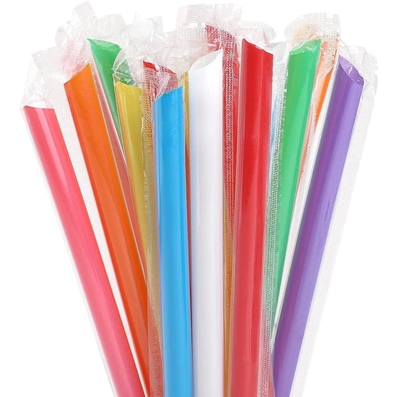 100 Pcs Multi Colors Jumbo Straws Plastic Drinking Straws Individually Wrapped Disposable Smoothie Wide Straws for Milkshake Bubble Tea, 0.43 Inch Wide x 9.5 inch Long