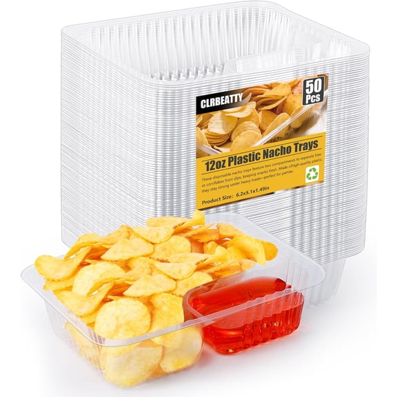 100 Pcs Nacho Trays Disposable, 12 Oz Nacho Cheese Trays, 2 Compartments Disposable Snack Tray, Clear Plastic Nachos Containers for Snacks Nachos & Cheese Dip Parties Movie Night Supplies