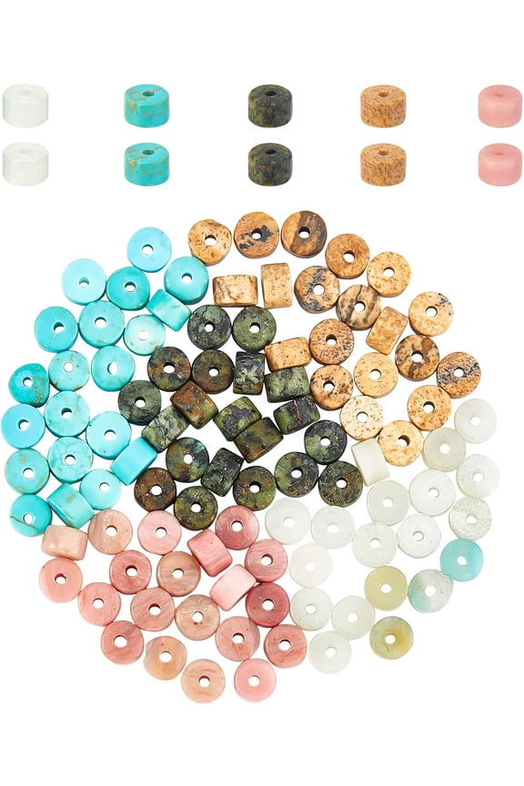 100 Pcs Natural Gemstone Beads 4mm Mixed Heishi Beads Loose Flat Round Undyed Beads for Bracelet Necklace Earrings Jewelry Making Hole: 0.7mm