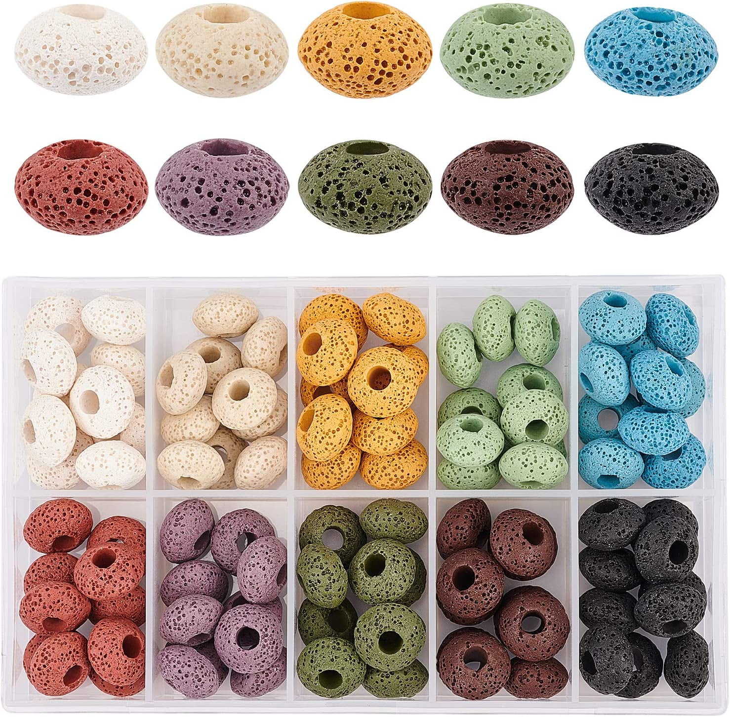 100 Pcs Natural Lava European Beads 10 Colors Flat Round Large Hole Beads Lava Stone Rock Loose Beads Volcanic Gemstone for Jewelry Making Colorful DIY