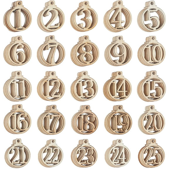 100 Pcs Number Wooden Calendar for Christmas 1-25 Christmas Countdown Advent Calendar 1.3inch wide Wooden Number Pendants for Christmas Tree Decoration DIY Crafts Gift Tags Hanging Ornaments DIY