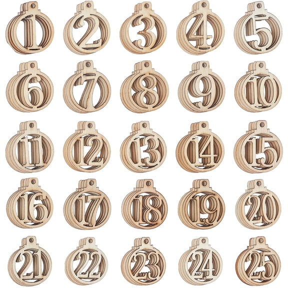 100 Pcs Number Wooden Calendar for Christmas 1-25 Christmas Countdown Advent Calendar 1.3inch wide Wooden Number Pendants