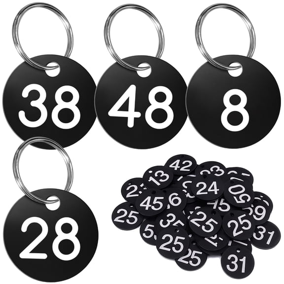 100 Pcs Numbered Key Tags, Round Black Plastic Identifiers, White Numbers, Key Labels with Rings for Organization, Classification, Storage, Sorting