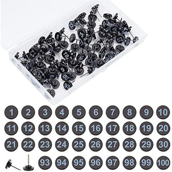 100 Pcs Numbered Push Pin Tacks Map Number Thumb Tacks Sequential Black Pins White Number 1-100 11mm Diameter 16mm Length Drawing Push Pins for Maps Presentations otos Posters Exhibit