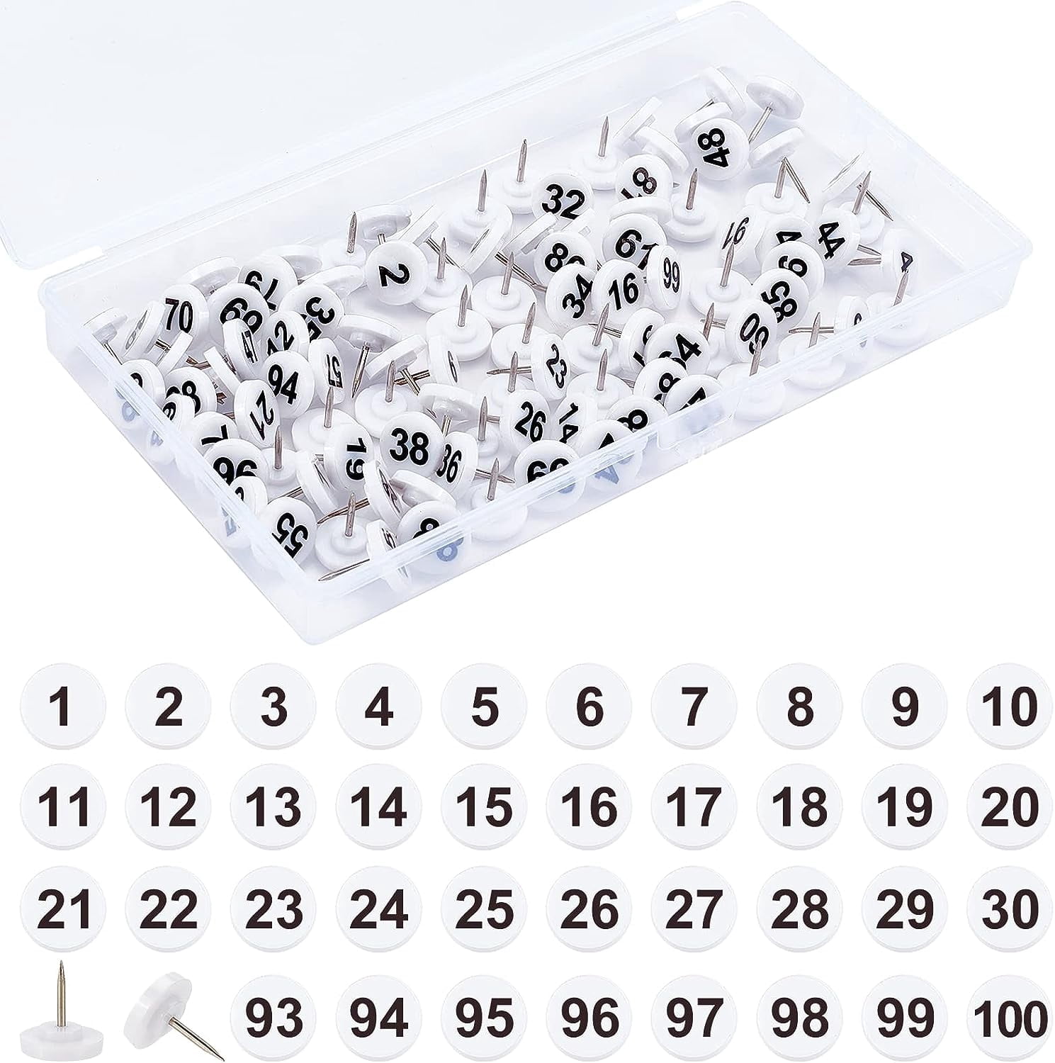100 Pcs Numbered Push Pin Tacks Map Number Thumb Tacks White Base 1-100 ...