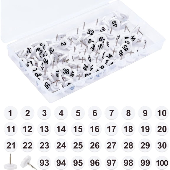 100 Pcs Numbered Push Pin Tacks Map Number Thumb Tacks White Base Black Numbers 1-100 11mm Diameter 16mm Length Drawing Push Pins Plastic Tacks for Maps Presentations otos Posters Exhibit