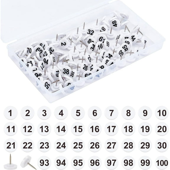 100 Pcs Numbered Push Pin Tacks White Base Black Numbers 1-100 11mm Diameter 16mm Length Plastic Tacks