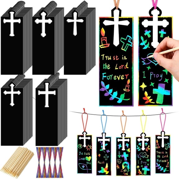 100 Pcs Ornaments DIY Bookmarks Paper-Cards Rainbow Color Craft Kit Scratch Off Paper-Religious Party Easter Birthday