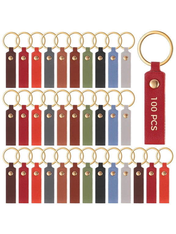 100 Pcs PU Leather Keychain Blanks, 10 Colors Bulk DIY Keychains with Metal Rings for Engraving & Personalized Gifts