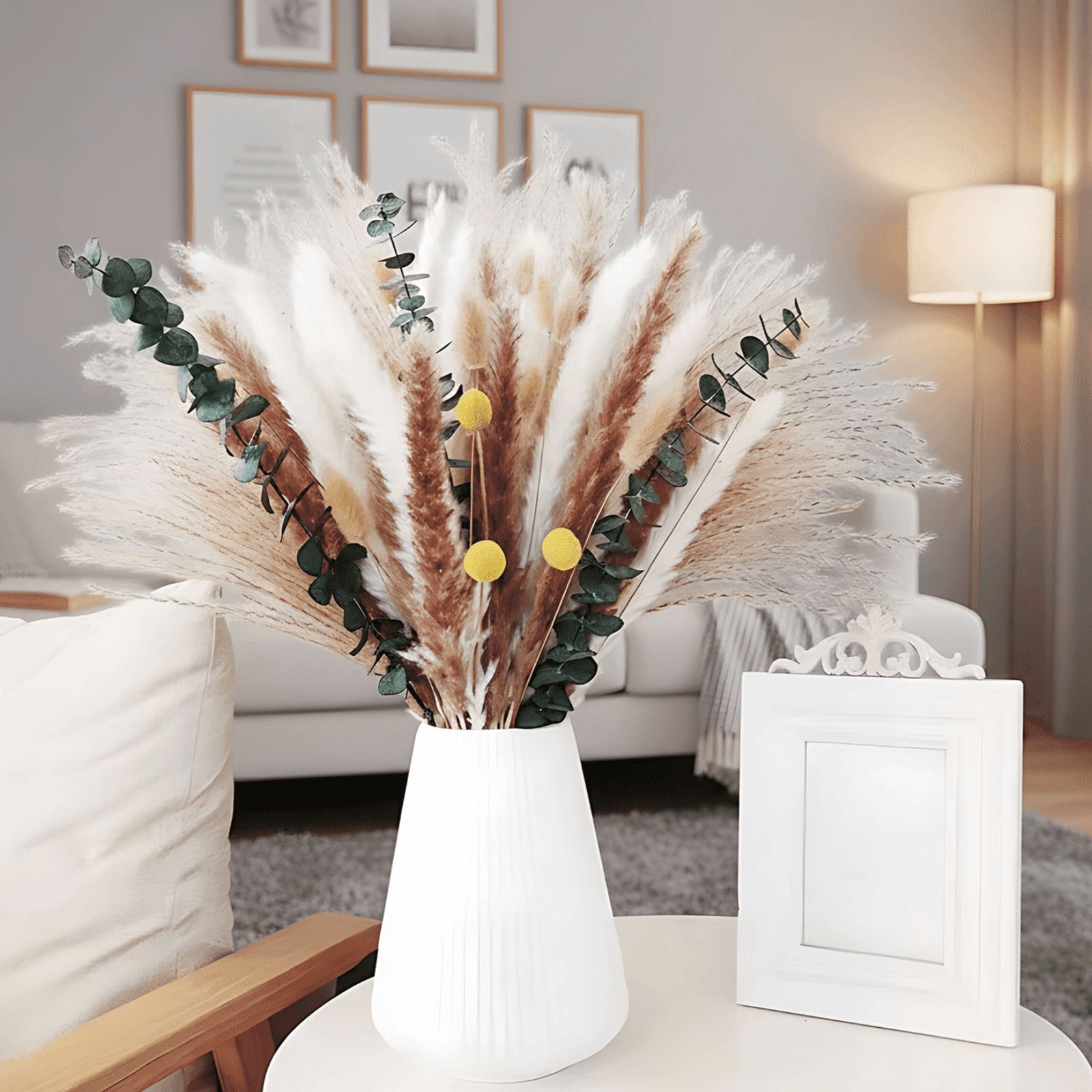 100 Pcs Pampas Grass Decor, Dried Flower Bouquet, Includes Pampas Grass, Reed, Bunny Tails, & Feathertail, 17.3 in / 44 cm, Natural Boho Floral Arrangement for Home, Wedding, DIY Décor