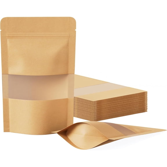 100 Pcs Paper Bags Resealable Bags, Inner dimensions 2.9" x 3" (Outer Size 3.5" x 5.5") Zipper Food Storage Bags, Stand Up, with Matte Window, Reusable, Sealable, for Packaging Products