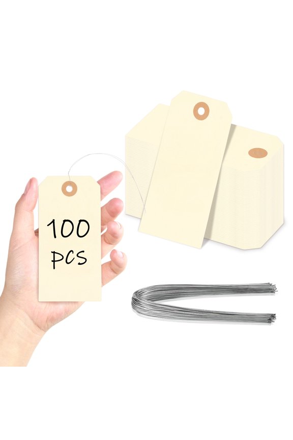 100 Pcs Paper Blank Shipping Tag with Metal Wire Writable Label Hang Tag with Reinforced Hole Double Sided Use for Product Jewelry Clothing
