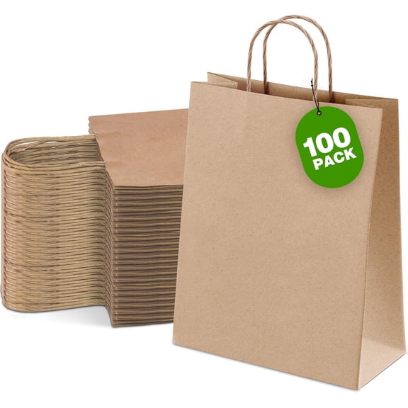 100 Pcs Paper Gift Bags with Handles, Brown Paper Bags 8x4.25x10.25 Inch, Medium Size Bulk Kraft Bag for Party, Favor, Goodie, Grocery, Shopping